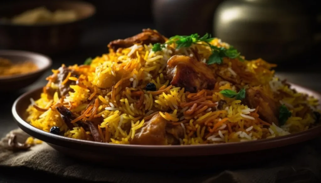 Aromatic and flavorful Biryani served with succulent meat or vegetables, garnished with fresh herbs, at Calamari Kitchen & Bar, Newcastle.