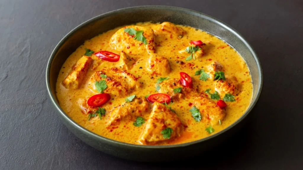 Creamy and mild Butter Chicken curry served in a rich tomato-based sauce, a popular Indian dish at Calamari Kitchen & Bar.