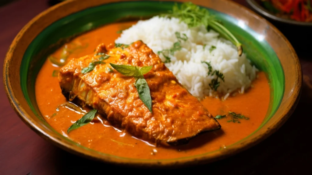 A vibrant plate of fish curry served in a rich, creamy cashew-based sauce, accompanied by fragrant steamed rice, garnished with fresh herbs.