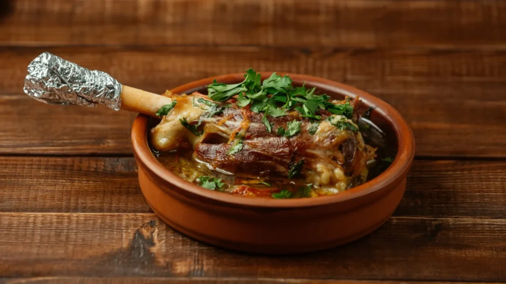 Robust and aromatic Lamb Shank Rogan Josh, a slow-cooked Kashmiri curry, served at Calamari Kitchen & Bar.